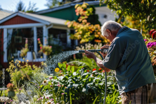 Old man is hosing flowers in the garden. photo