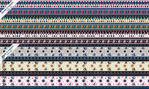 set of seamless vector geometric border patterns for textile fabric printing