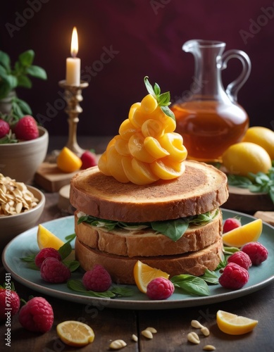A gourmet sandwich layered with fresh ingredients and topped with a citrus fruit decoration, accompanied by nuts and berries on a rustic table setting