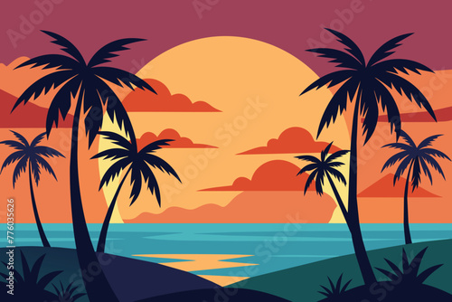 Summer tropical background with palms and sunset vector © mobarok8888