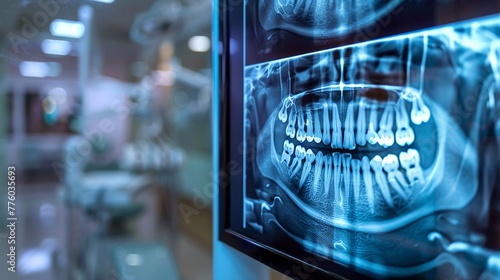 De-focused image of a panoramic dental x-ray on a mo AI generated illustration photo
