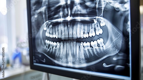 De-focused image of a panoramic dental x-ray on a mo  AI generated illustration