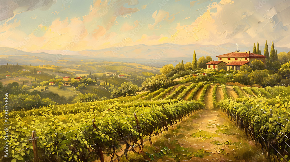 Idyllic Tuscan Landscape with Rolling Hills and Vineyards Digital Oil