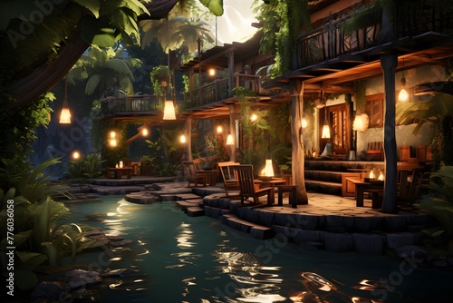 Luxury hotel in the tropics at night. 3d rendering