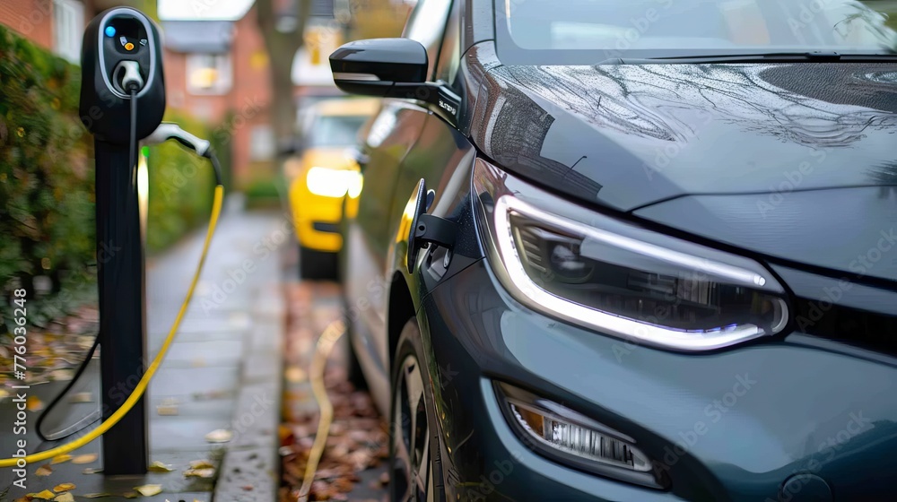 Electric car powering up at charging point AI generated illustration Electric car powering up at charging point AI generated illustration