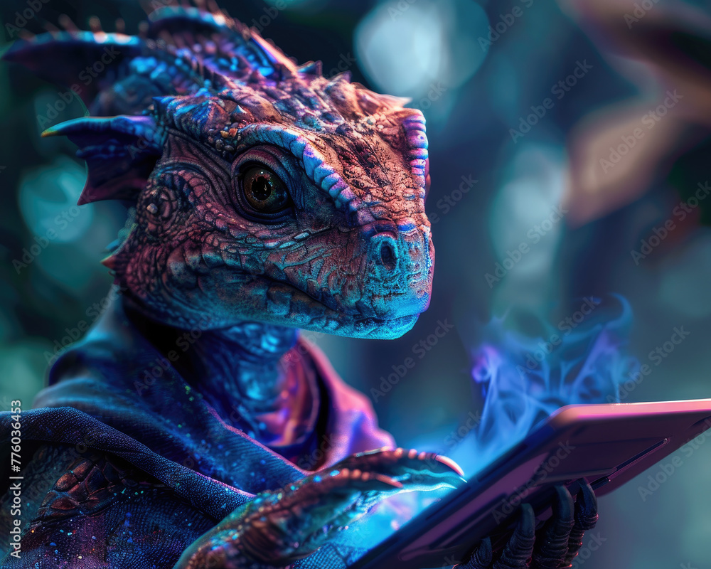 A blue dragon is holding a tablet in its mouth. The dragon is wearing a blue robe and he is reading something on the tablet. The image has a whimsical and playful mood, as it is a creative
