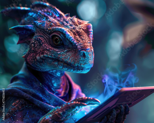 A blue dragon is holding a tablet in its mouth. The dragon is wearing a blue robe and he is reading something on the tablet. The image has a whimsical and playful mood  as it is a creative
