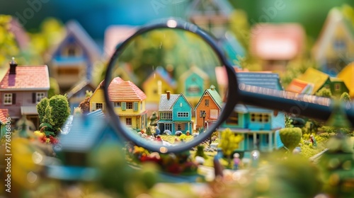 Exploring a charming neighborhood of colorful mini houses under a magnifying glass   AI generated illustration photo