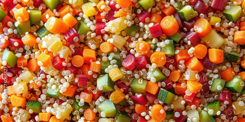 Close up view of a vibrant bowl of colorful vegetables and couscous on a wooden table