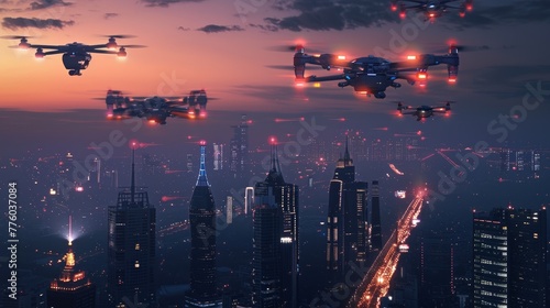 Futuristic drones soaring through the night sky moni  AI generated illustration photo