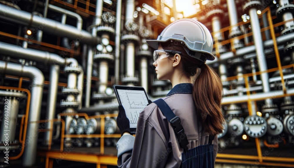 Women technical engineer in an assembly helmet with a tablet in his hands controls the operation of the pressure system in valves, pipes and sediments at an oil refinery