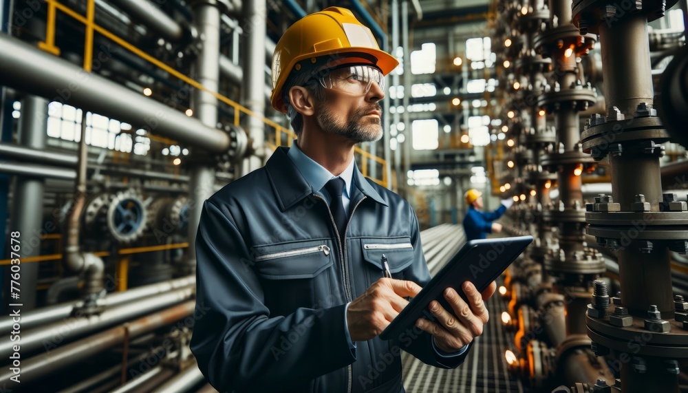 A middle-aged technical engineer in an assembly helmet with a tablet in his hands controls the operation of the pressure system in valves, pipes and sediments at an oil refinery A middle-aged technical engineer in an assembly helmet with a tablet in his hands controls the operation of the pressure system in valves, pipes and sediments at an oil refinery