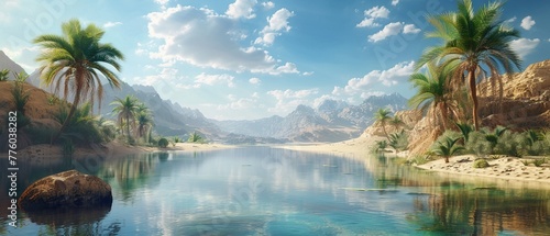 Oasis in the desert  waters lifegiving presence  a photorealistic miracle   high resulution clean sharp focus