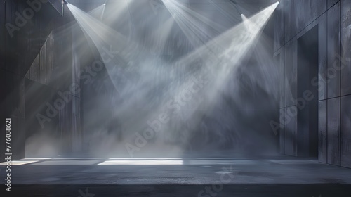 Empty Stage with Dramatic Lighting, Foggy Atmosphere at a Concert or Theater. Modern Design. Perfect for Presentations and Shows. AI