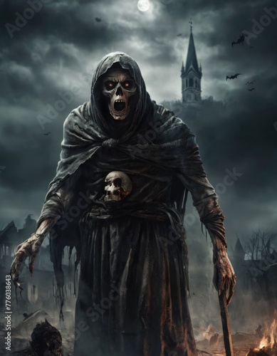 The Grim Reaper stands ominously in a haunted village, evoking themes of horror and the supernatural