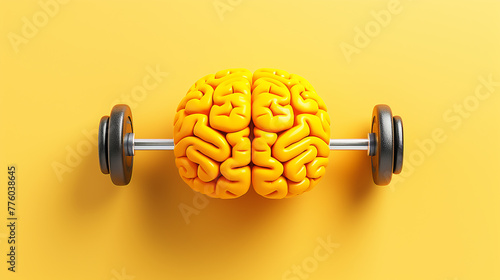 Top view of yellow rasin human Brain, lifting dumpbell on bright yellow background. Brain work out/excercise Concept. photo