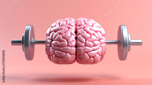 Top view of pink rasin human Brain, lifting dumpbell on pink background. Brain work out/excercise Concept. photo