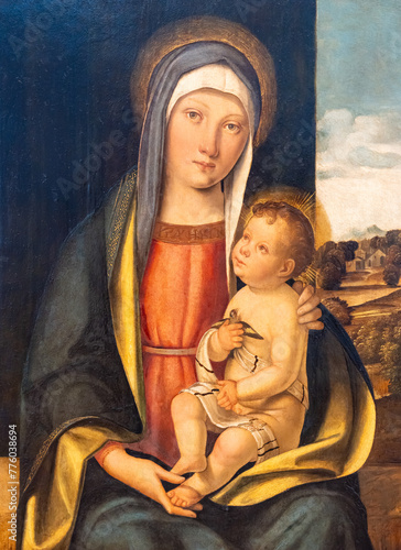 Detail of old religious painting showing a serious Virgin Mary with a smiley baby Jesus in her arms