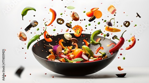 Colorful vegetables flying out of a black wok in a dynamic kitchen scene. Capturing the motion of cooking. Fresh food concept, perfect for culinary backgrounds. AI