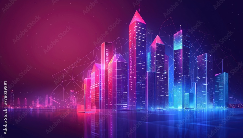 Naklejka premium A cityscape with buildings lit up in neon colors by AI generated image