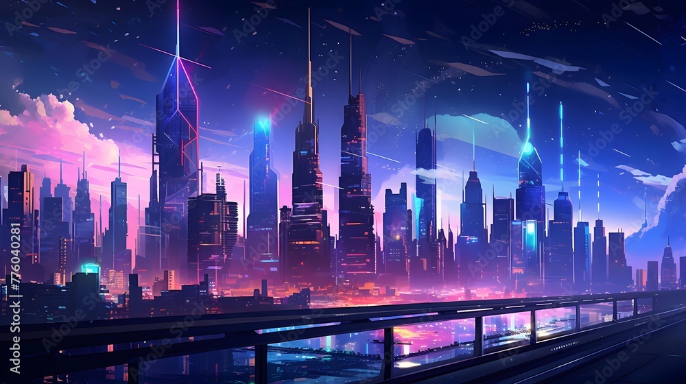 Night city panorama with highway and illuminated skyscrapers. Vector illustration