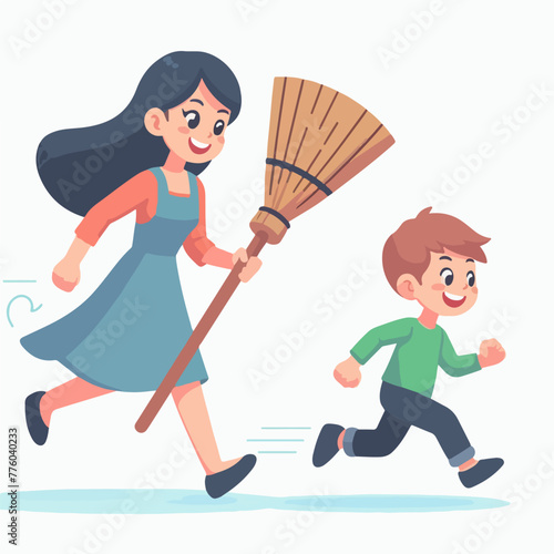 mom with broom chasing child in flat design style