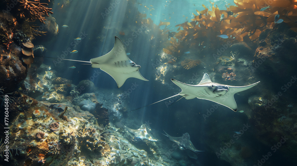 Fototapeta premium tingrays are swimming in the clear and beautiful sea, coral rocks and beautiful sea plants
