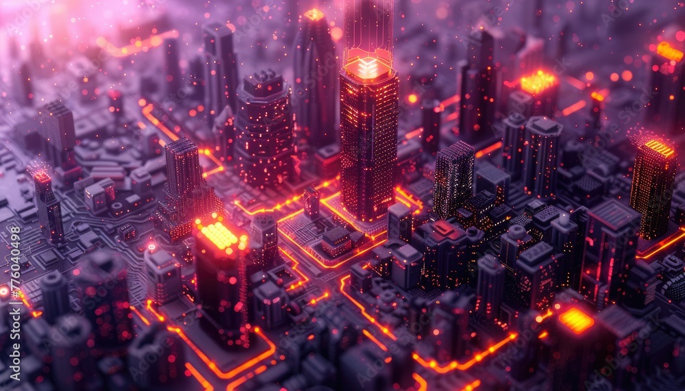 A cityscape with buildings lit up in neon colors by AI generated image