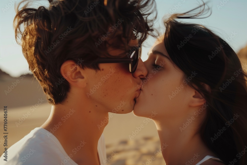 A photo of a young man with messy hair and sunglasses kissing a woman in the desert during golden hour on a summer day with natural light