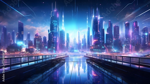 Futuristic night city panorama with neon lights. 3d rendering