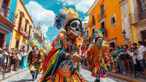 Colorful Procession of Dia de los Muertos Celebrants in Elaborate Costumes and Feathered Hats in Mexico
