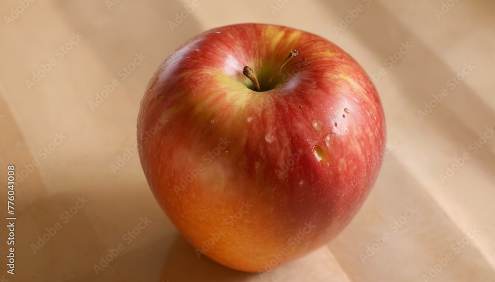 A vibrant red apple with fresh dew drops, placed on a light brown surface, showcasing its freshness and organic quality