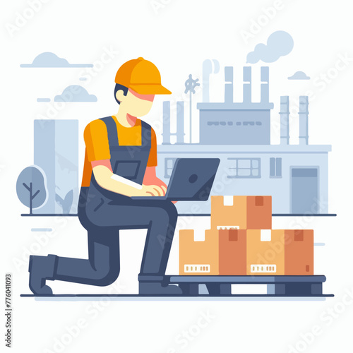 officer checking packages with laptop in flat design style