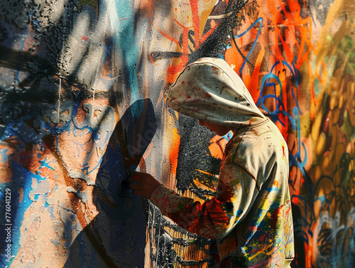 A boy is painting graffiti on a wall. The painting is colorful and vibrant, with a mix of different shades and hues. The boy is wearing a hoodie and he is focused on his work  © Aisyaqilumar