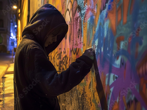 A boy is painting graffiti on a wall. The painting is colorful and vibrant, with a mix of different shades and hues. The boy is wearing a hoodie and he is focused on his work 