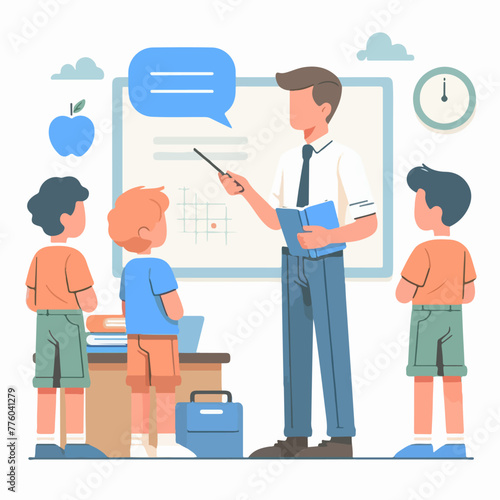 male teacher explaining a lesson in front of students in flat design style