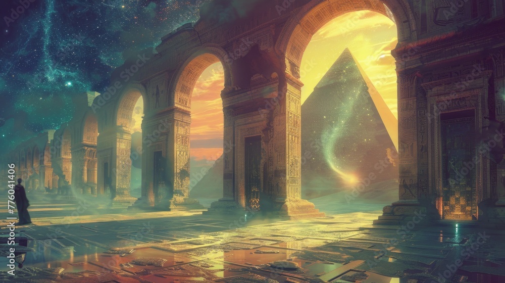 Mystical Ancient Ruins and Pyramids Under Celestial Sky