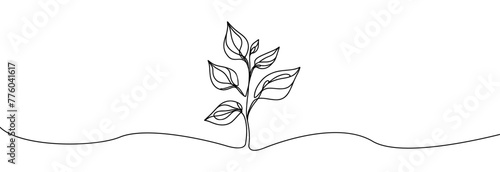 Growing sprout one line art .Vector silhouette of growing plant. Hand drawn leaf. Growing sprout plant continuous line .Plant with roots single line.