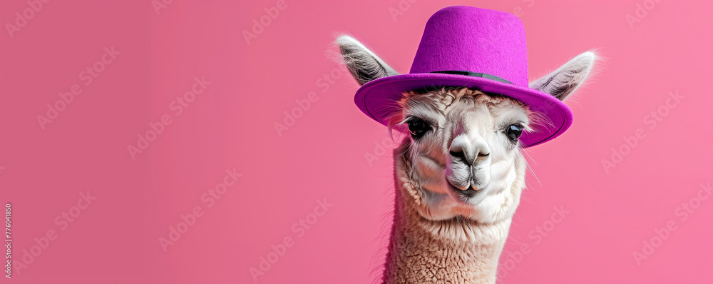 Obraz premium Llama wearing a bright purple hat on a pink background.