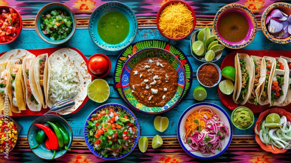 Diverse Mexican Cuisine Spread on Blue Textured Surface with Hands Sharing the Meal