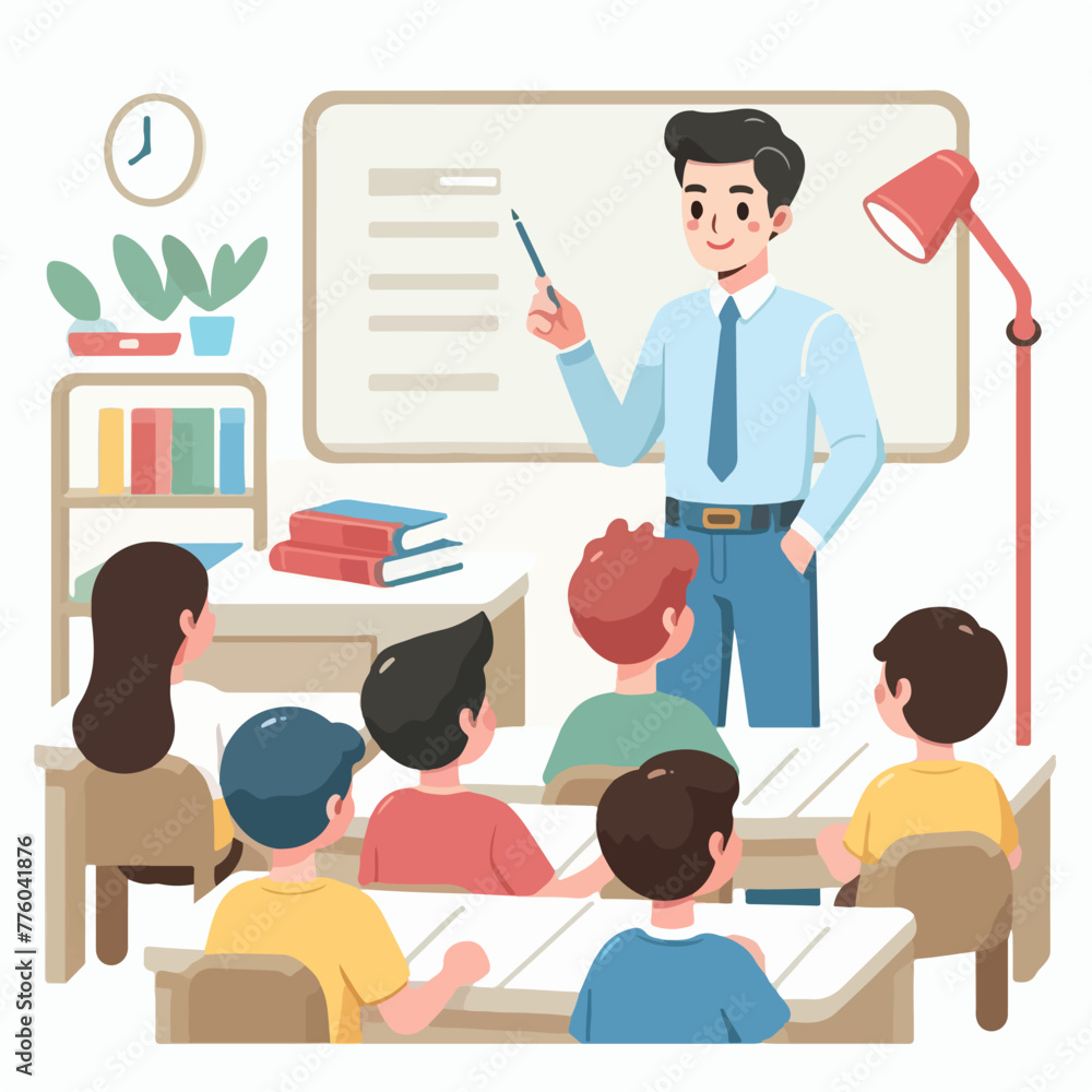 school atmosphere with teacher teaching to students in flat design style