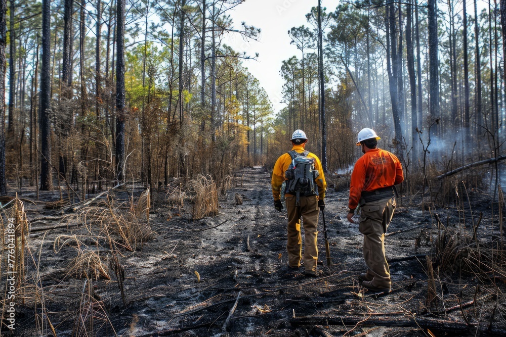 Two forest officials are walking through a charred forest to assess the aftermath of a controlled burn operation