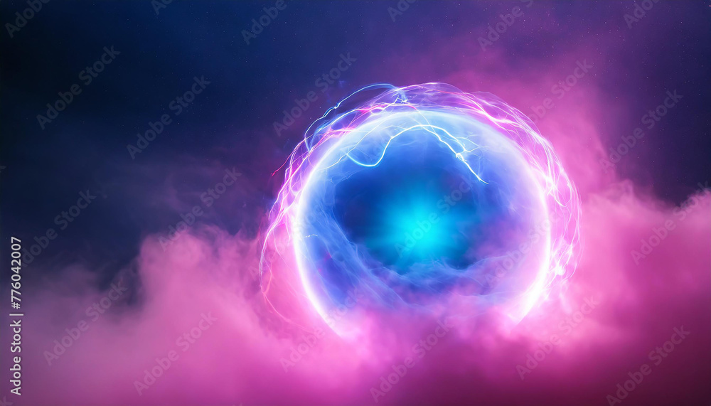 Obraz premium Abstract magical round energy sphere. Glowing ball. Neon blue and pink clouds on backdrop.