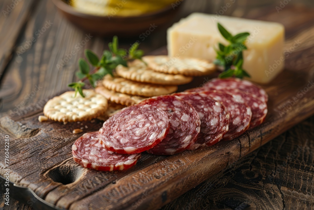 A wooden cutting board topped with slices of salami and gourmet crackers