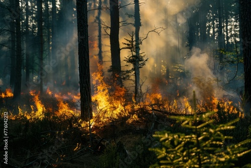 A forest ablaze with controlled fire during the early morning hours, showcasing a landscape engulfed in flames and smoke