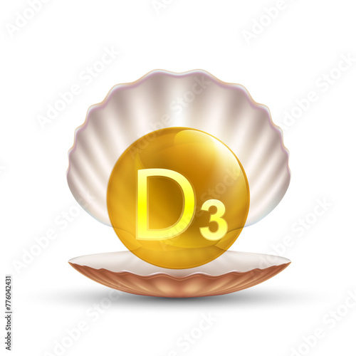 Vitamin D3 pill in a seashell. Isolated on a white background. Stock vector illustration