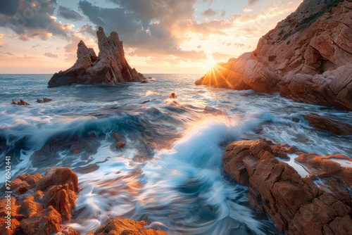 A beautiful seascape with a unique rock structure during the sunrise