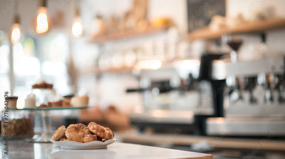 Freshly baked croissants on a white plate on a marble table in a cafe