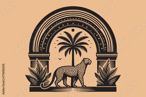 Leopard and palm trees. Arch. Vintage abstract engraving illustration, emblem. Artwork, print