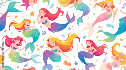 Watercolor seamless pattern with rainbow mermaids u